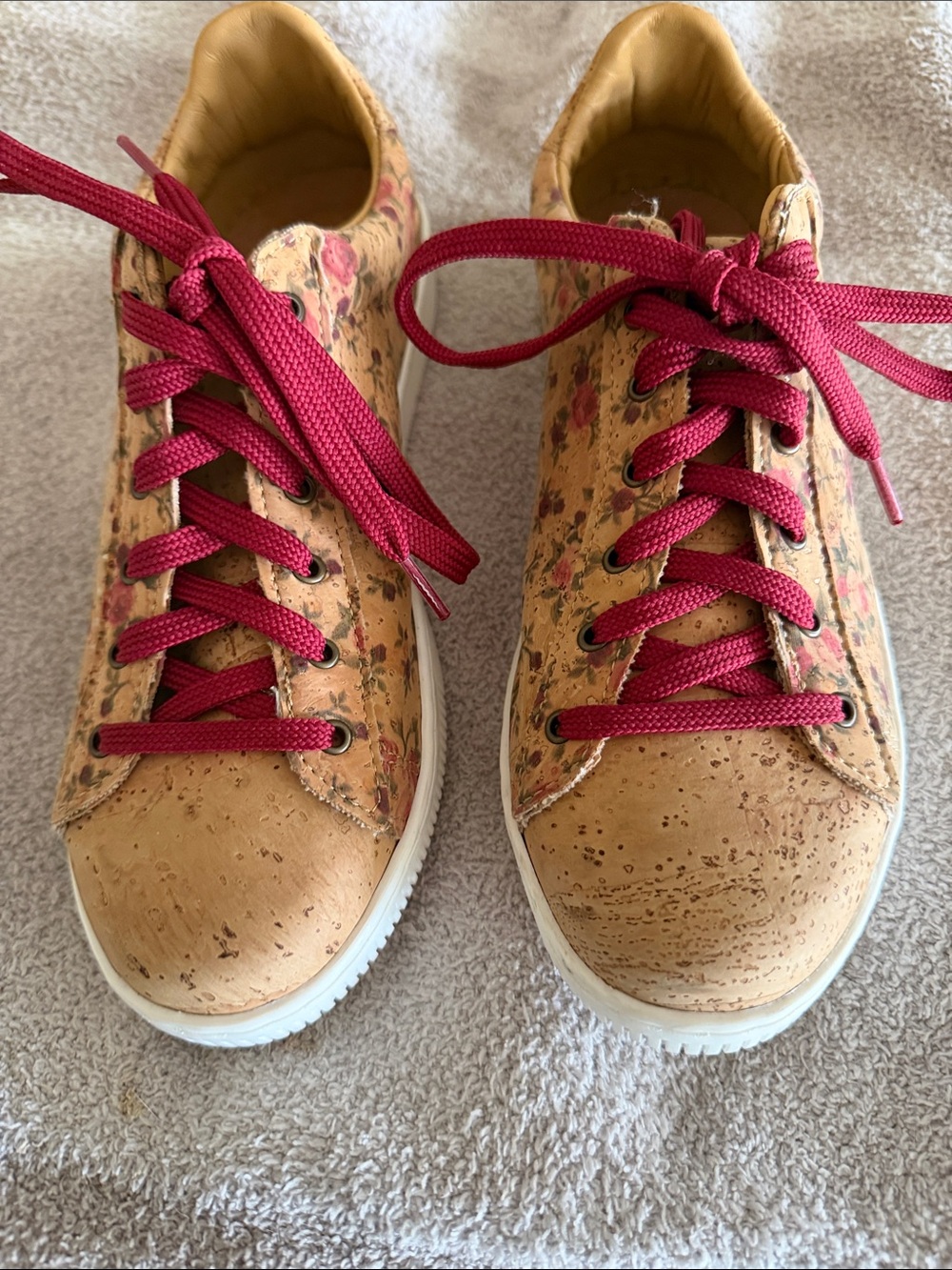 JA Brand Natural Cork Floral Lace-Up Shoe in Tan and small feminine floral print